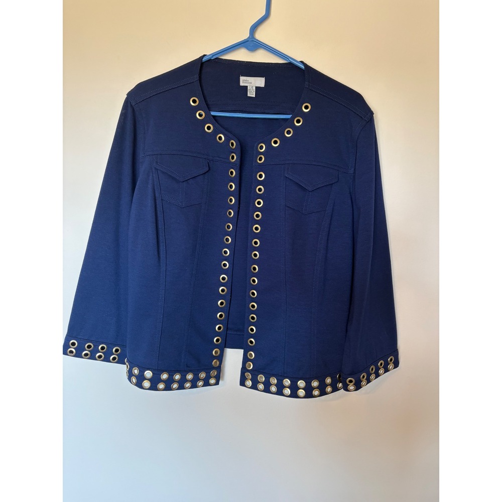 Linea Domani Womens Navy Blue Gold Grommet Open Front Knit Jacket Size L